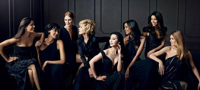 Balról jobbra: Freida Pinto (28), , Inès de la Fressange (56), Julianne Moore (52), Jane Fonda (75), Fan Bingbing (31), Liya Kebede (35), Eva Longoria (38), Doutzen Kroes (28)