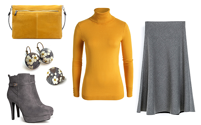 Pulóver: Esprit, szoknya, táska: Zara, ékszerek: Tündér Műhely, bokacsizma: H&M