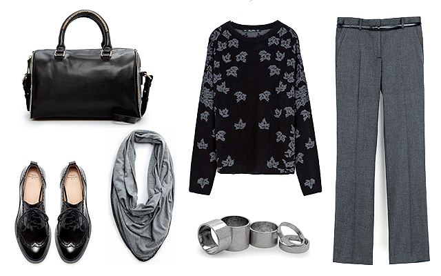 Pulóver, nadrág, cipő: Zara, táska, sál, gyűrű: Mango