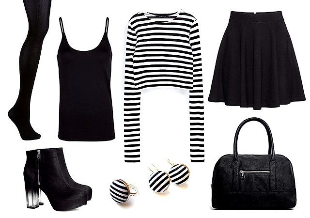 Csíkos top: Zara, fekete felső, táska: Mango, szoknya, bokacsizma: H&M, ékszerek: Talestyle (Meska) 