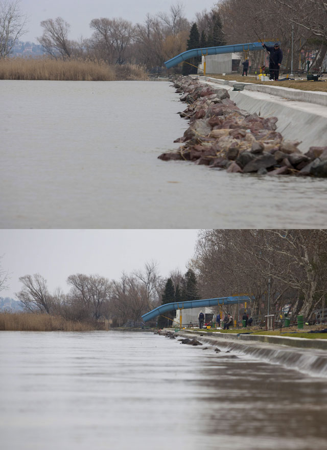 Kombókép a balatonfenyvesi strandról 2013. március 6-án és 2014. február 25-én., Fotó: Varga György / MTI