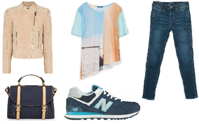 Cipő: New Balance, nadrág, póló: Zara, bőrkabát, farmertáska: Mango