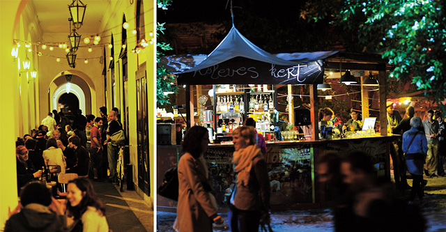 Szellős, esőtől védett és hangulatos árkádsor a Méter nevű pub előtt (balra), Kőleves kert (jobbra)