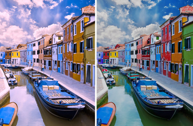 Balra: így látja Velencét egy színvak ember szemüveg nélkül, jobbra: így látja a szemüveggel  