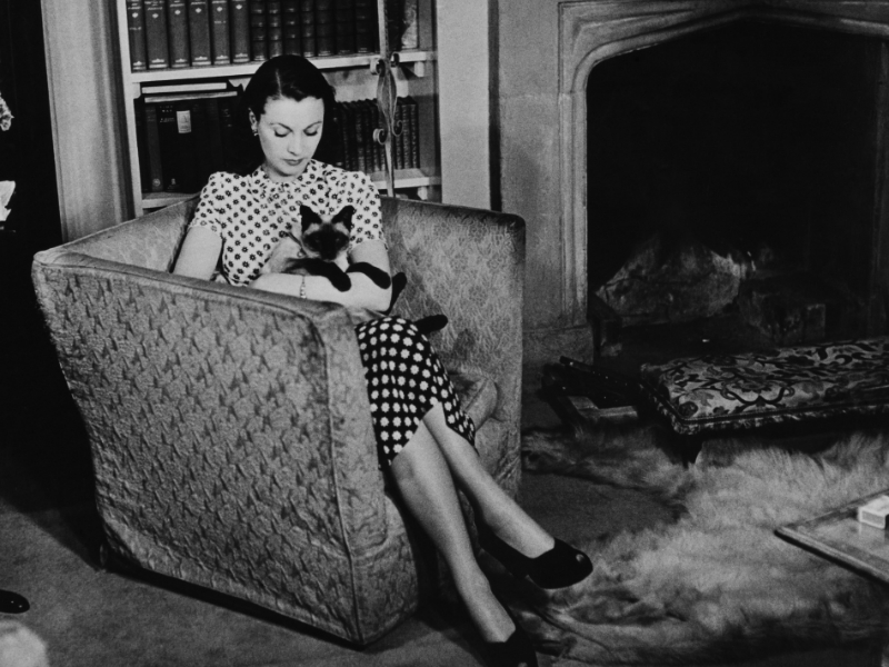 Chelsea-i otthonában imádott sziámi cicájával  a negyvenes években