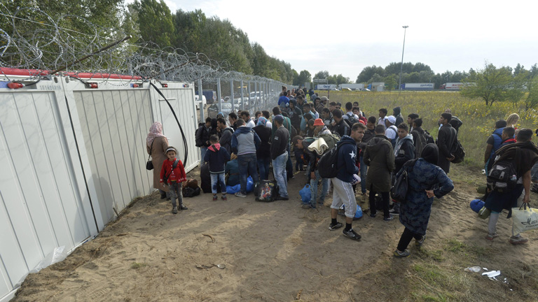 Migránsok az M5-ös autópálya közelében kialakított áteresztő pont közelében Horgosnál 2015. szeptember 15-én. MTI Fotó: Máthé Zoltán