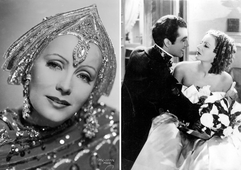 Greta Garbo Mata Hari szerepében (balra) és a Camille c. filmben Robert Taylorral (jobbra)