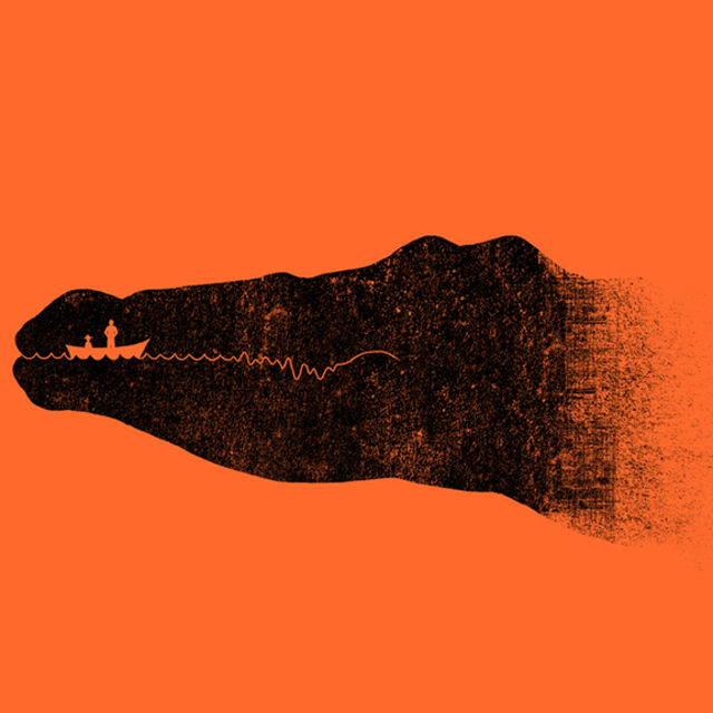 krokodil, hegyek és víz, ember csónakban