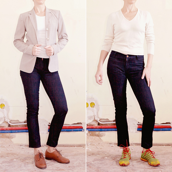 Made in Heaven farmer, Jigsaw zakó, H&M póló - Háda, vintage fehér pulóver - családi örökség, bőrcipő - Vagabond, edzőcipő - Inov8