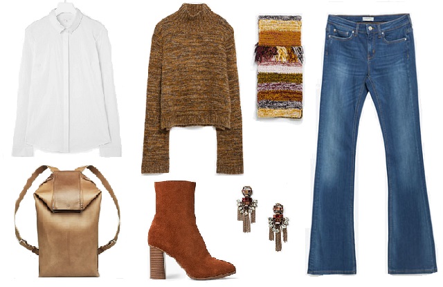 Garbó, farmer, sál: Zara Fehér ing: COS Nadrág: Cipő, fülbevaló: Mango Hátizsák: Agneskovacs