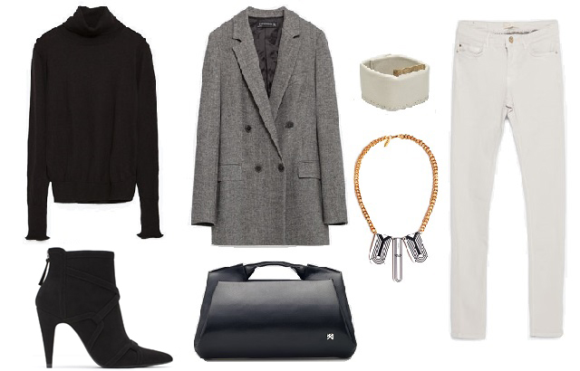Garbó, blézer, csizma, nadrág: Zara, táska, karkötő: Agneskovacs, nyaklánc: Karman Jewelry