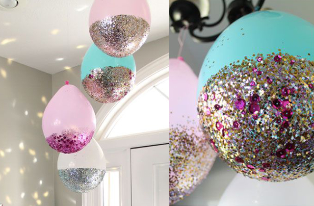 A szokványos lufikból látványos díszítést készíthetünk ragasztóval és csillámporral.