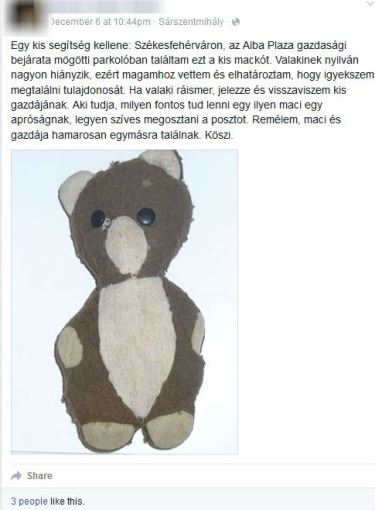 Elveszett maci keresi gazdáját a Facebookon