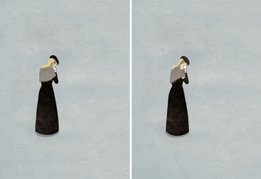 Húsba vágó illusztrációk az elidegenedett modern korról