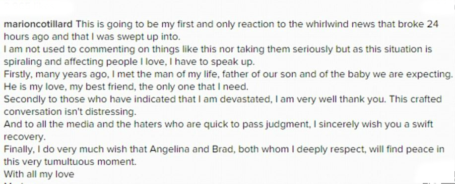 Terhes Brad Pitt állítólagos szeretője, Marion Cotillard magyarázkodik 