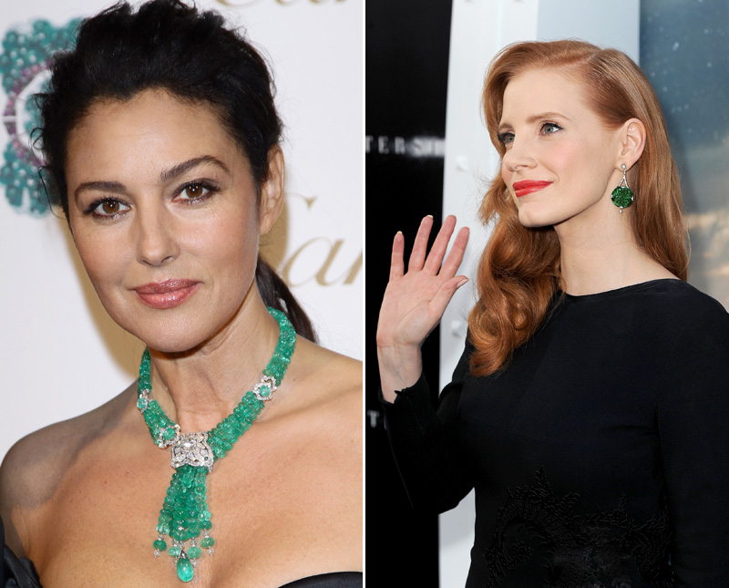Monica Bellucci jade kő nyakéke és Jessica Chastain fülbevalója (Fotók: Getty Images)