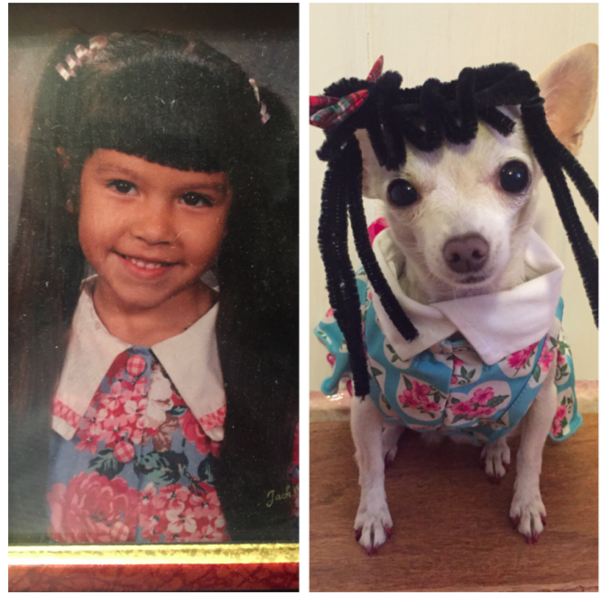 Kutyájával fotózta újra a családi emlékeket egy lány Kutyájával fotózta újra a családi emlékeket egy lány