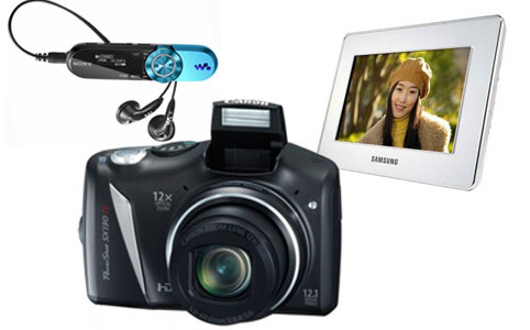 Sony NWZ-B153 MP3 lejátszó, Canon PowerShot SX 130 IS fényképező, Samsung SPF-71E digitális képkeret