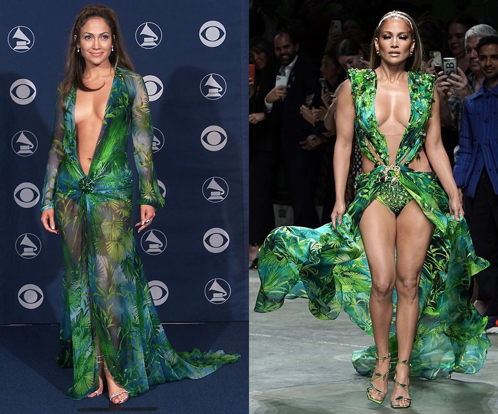 Jennifer Lopez 2000-ben és 2019-en a trópisu mintás Versace ruhában