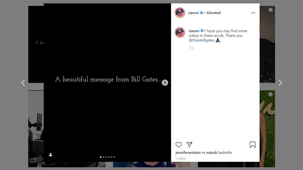 Naomi Campbell is megosztotta a kamulevelet, posztját Jennifer Anitston is lájkolta. (Fotó: Instagram/naomi)