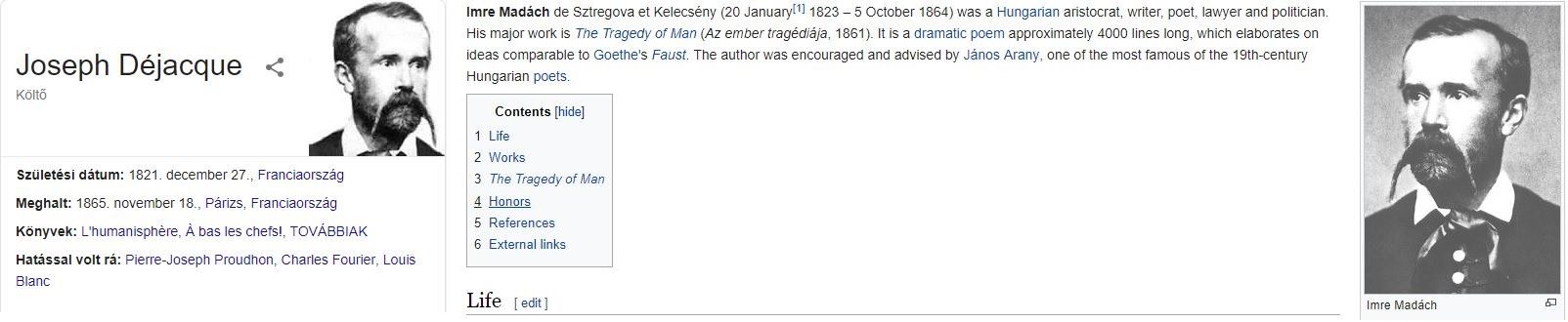 Joseph Déjacque a Google-ban, Madách az angol nyelvű Wikipedián