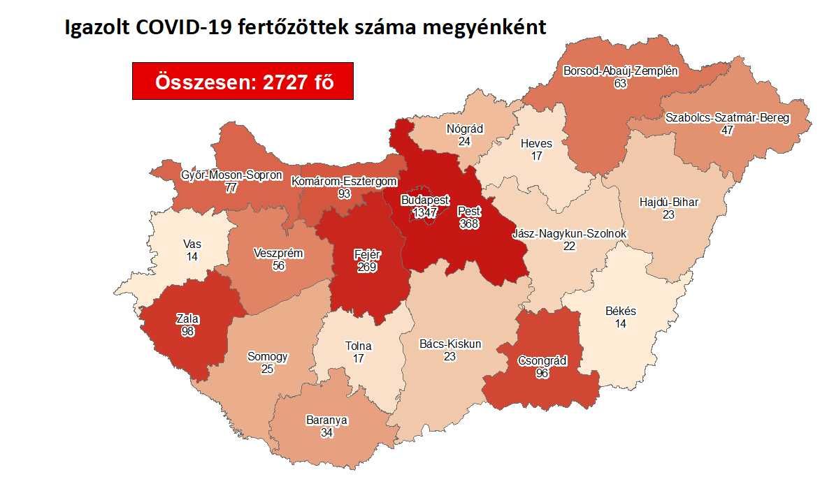 Az azonosított koronavírus-fertőzöttek megyénkénti megoszlása április 29-én