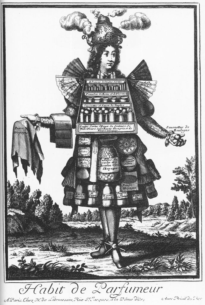 Az illatszerész, a ládikón felirat, amin olvasható az eau de la Reine de Hongrie neve (1695) - Fotó: Wikipedia