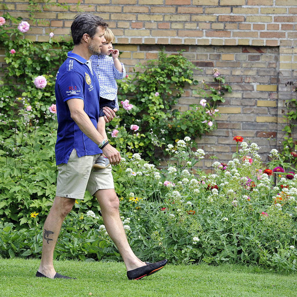 GRASTEN, DENMARK - JULY 26: Crown Prince Frederik of Denmark (L) and Prince Vincent of Denmark attend the annual Summer photocall for the Royal Danish family at Grasten Castle on July 26, 2013 in Grasten, Denmark. (Photo by Tim Riediger/WireImage)