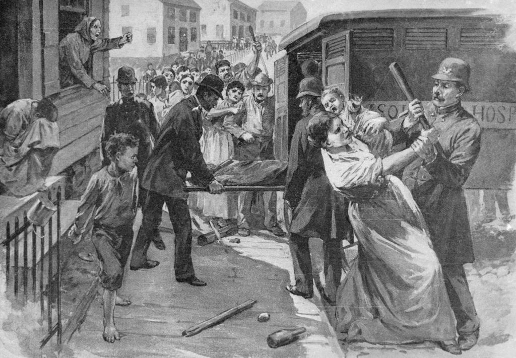 Bevándorlók próbálják megakadályozni a feketehimlős családtagjaik karanténba szállítását, az Egyesült Államokbeli Milwaukeeban, 1885. - G.A. Davis rajza (Fotó: Getty Images)