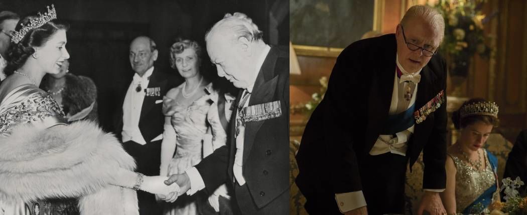 Winston Churchill és II. Erzsébet 1950-ben, valamint a sorozatban
