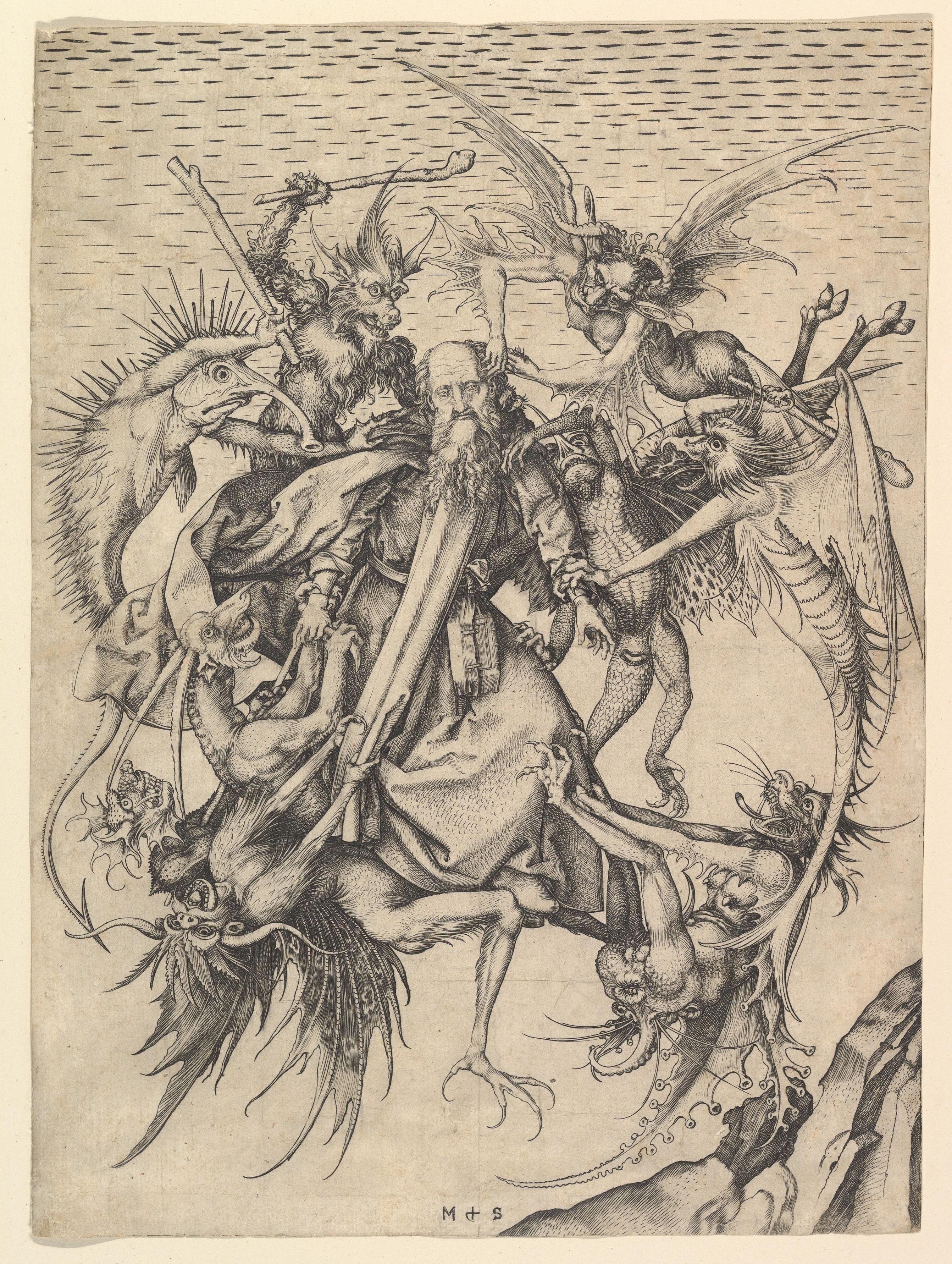 Szent Antal megkísértése Martin Schongauer metszetén (forrás: Wikipedia)