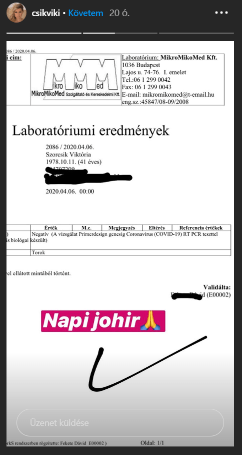Negatív lett Szorcsik Viki koronavírus-tesztje