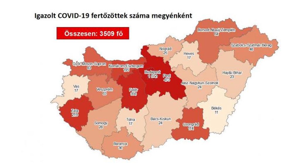 Koronavírusos esetek megyénként Magyarországon