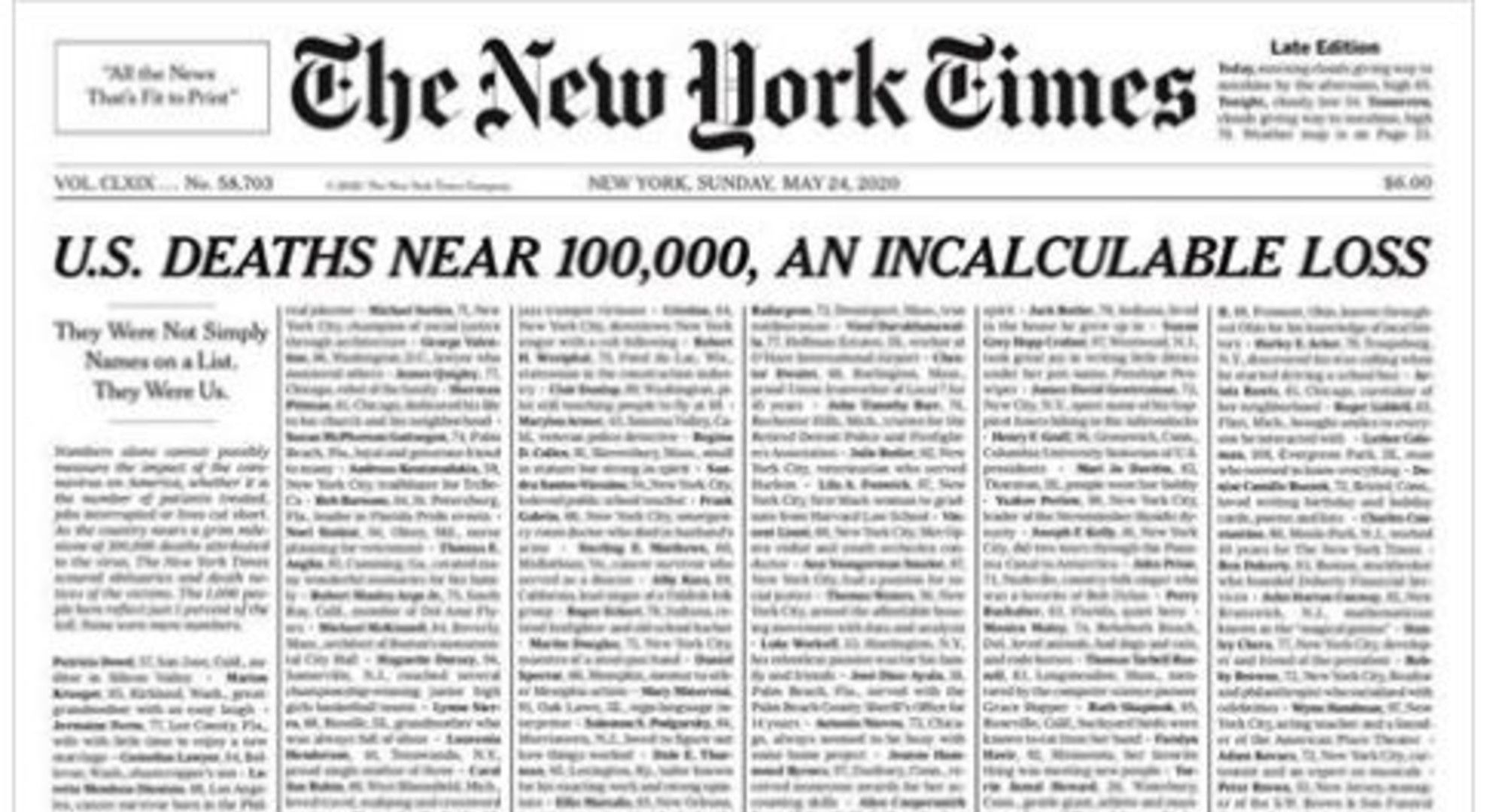 A New York Times címlapján a 100 ezer amerikai áldozat 1%-ának nevét tüntetik fel.