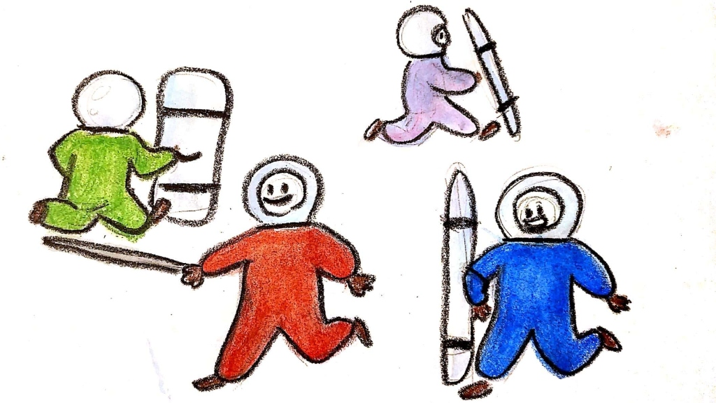 Fogócskázás közben jól jöhet a szkafander (Illusztráció: Ferencsik Bori)