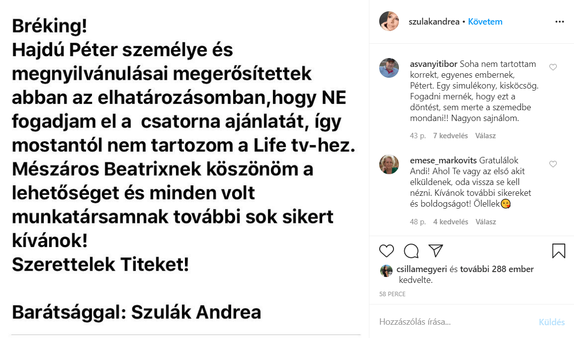 Szulák Andrea közleménye