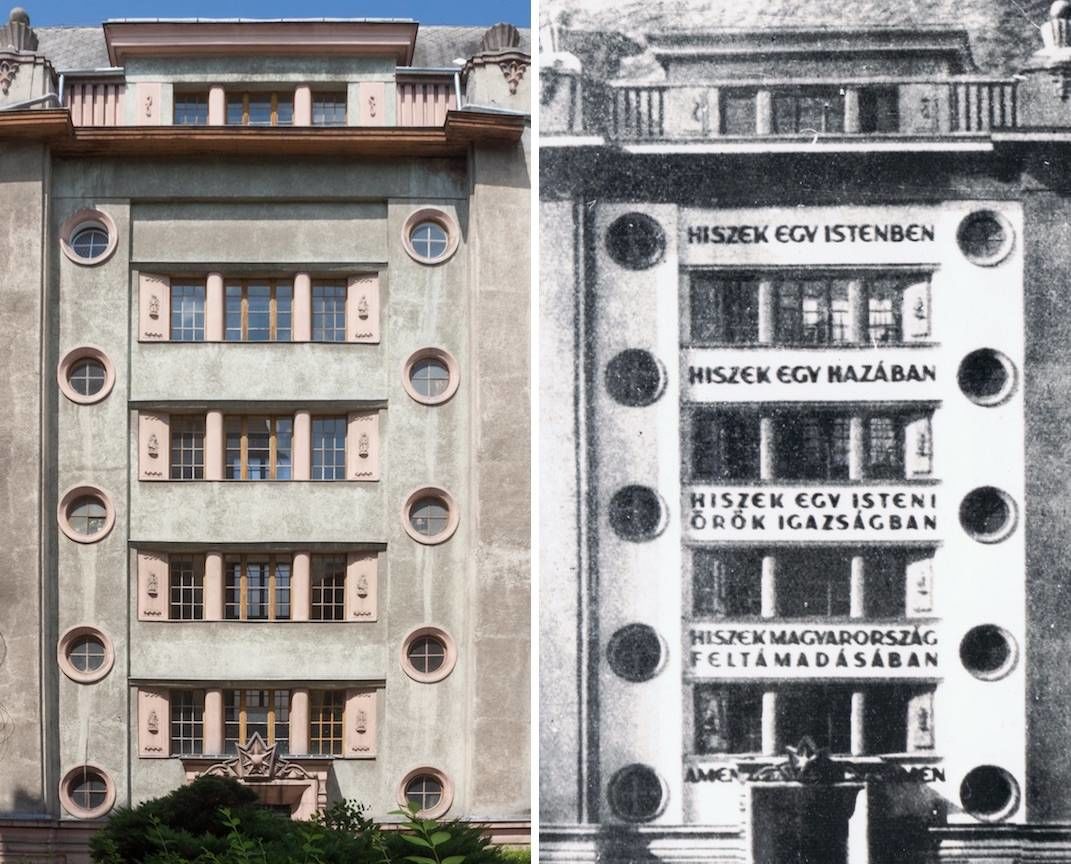A Hiszekegy szövegével dekorált budapesti ház 1926-ban, illetve napjainkban (fotó: Vincze Miklós/24.hu)