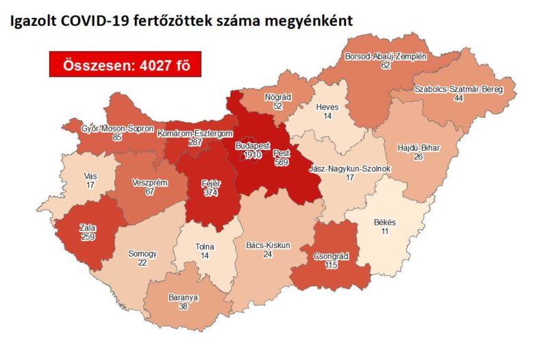 A koronavírus-fertőzöttek megyénkénti megoszlása 2020. június 10-én