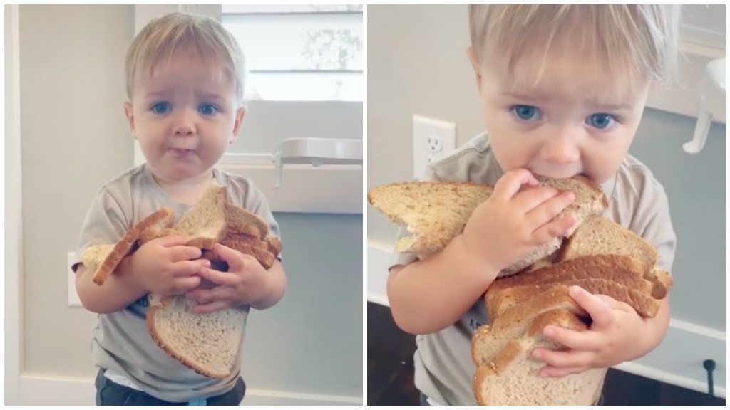 Kisfiú sok szelet kenyérrel