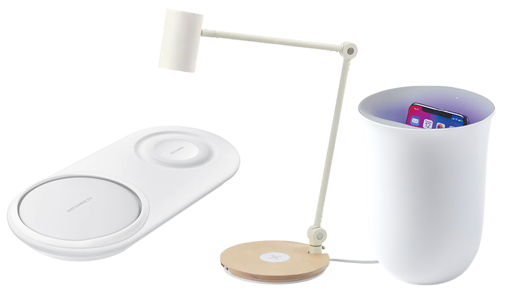 Mobiltelefon töltőállomások: 1. Samsung vezeték nélküli dupla töltőpad , 2. Ikea RIGGAD LED íróasztallámpa veznélküli töltővel , 3. Lexon OBLIO töltőkehely UV-C sterilizálóval