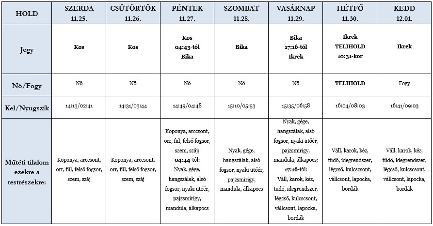 Heti holdhoroszkóp táblázat 2020. 11. 25–12. 01.