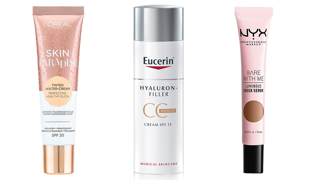 L'Oreal Paris Skin Paradise színezett hidratáló krém, Eucerin Hyaluron-Filler Ráncfeltöltő színezett nappali CC krém, NYX Professional Makeup Bare With Me Tinted Skin Veil