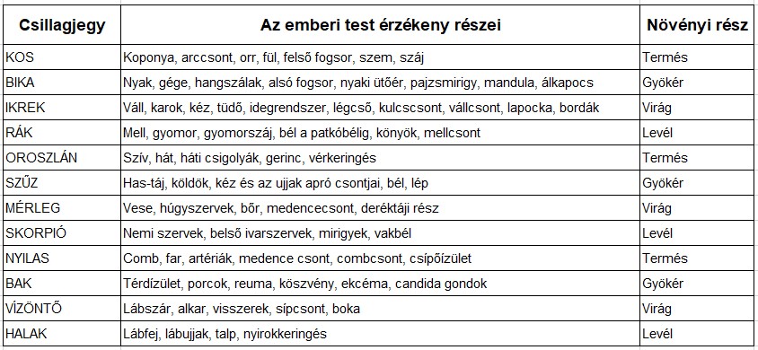 Holdnaptár Az emberi test és a növények érzékeny részei
