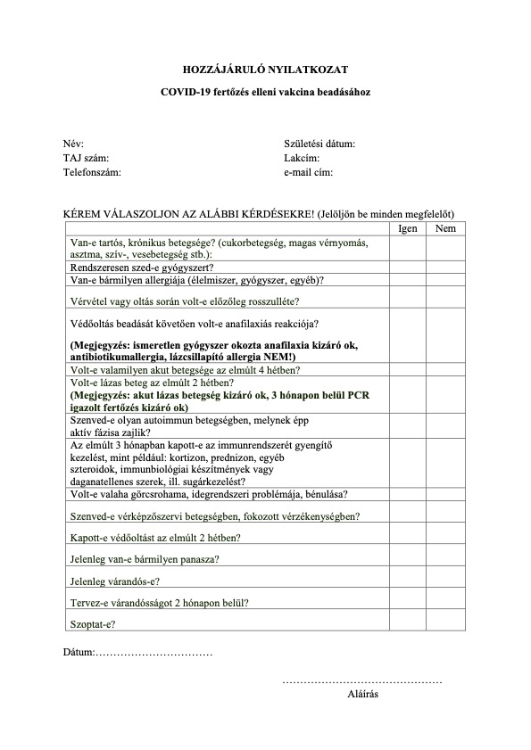 Hozzájáruló nyilatkozat az oltáshoz