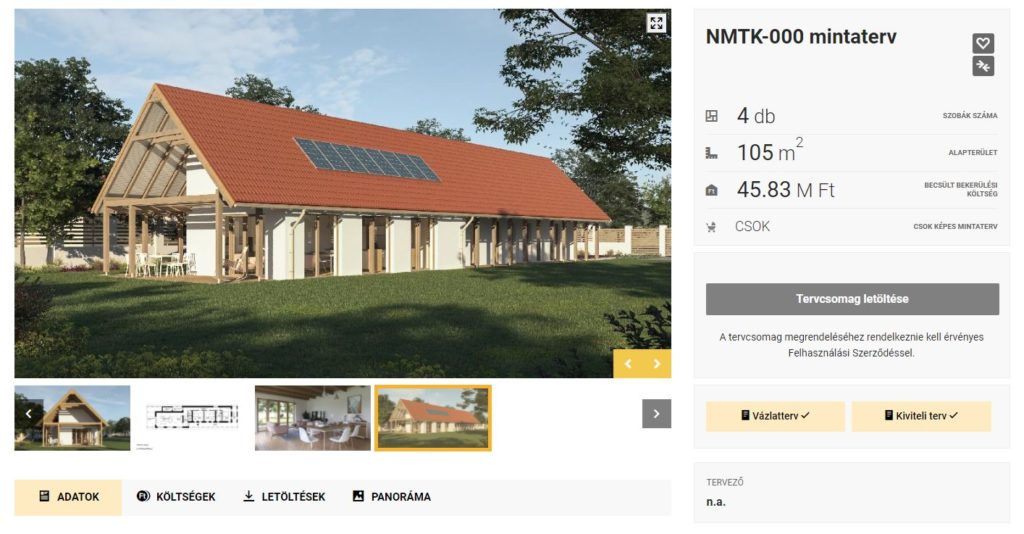 Családi ház tervének adatlapja az NMTK oldalán. Például ennek a tervdokumentációját is letölthetjük.