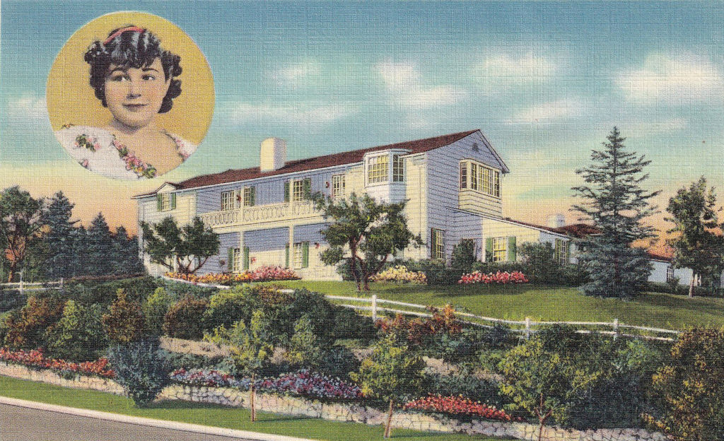 Régi képeslap, amelyeket a turisták gyűjtöttek Hollywoodban: 1938-ban Jane Withers háza igazi látványosságnak számított