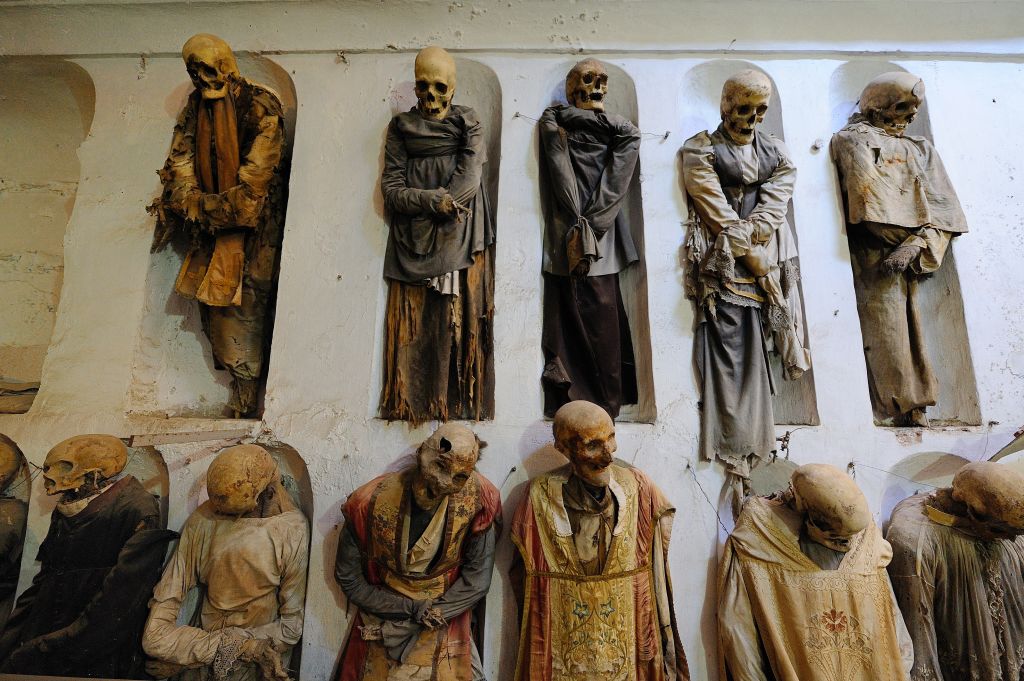 ITALY, PALERMO - JUNE 10 : The Capuchin Catacombs of Palermo (also Catacombe dei Cappuccini or Catacombs of the Capuchins) are burial catacombs in Palermo on June 10, 2015, Italy. (Photo by Frédéric Soltan/Corbis via Getty Images)
