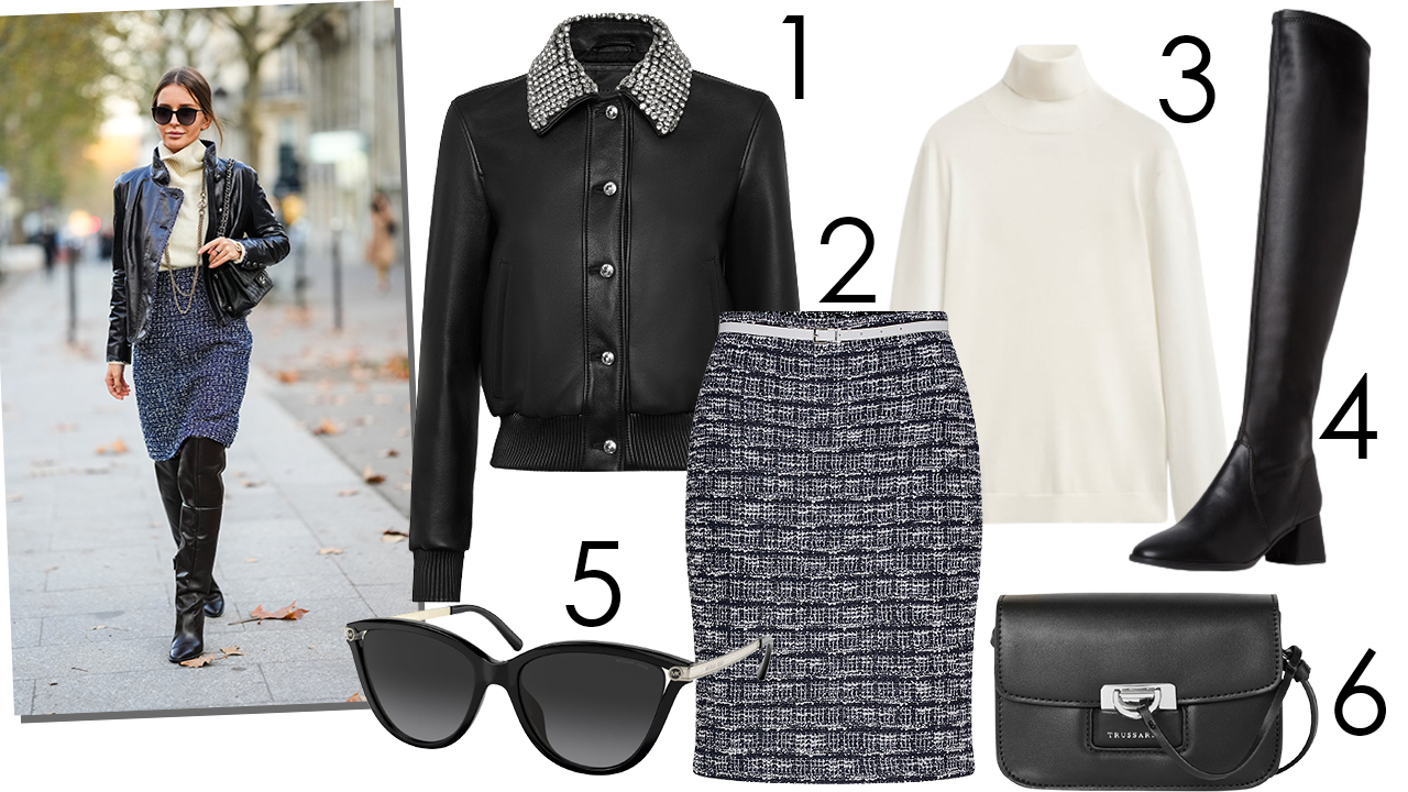 Tweed szoknya bőrdzsekivel