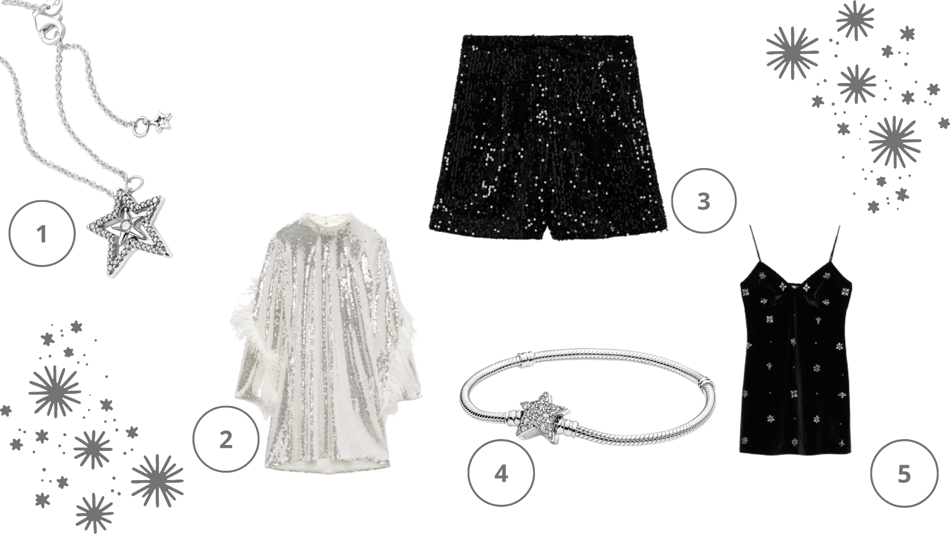 Ezüst és fekete ruhák és ékszerek