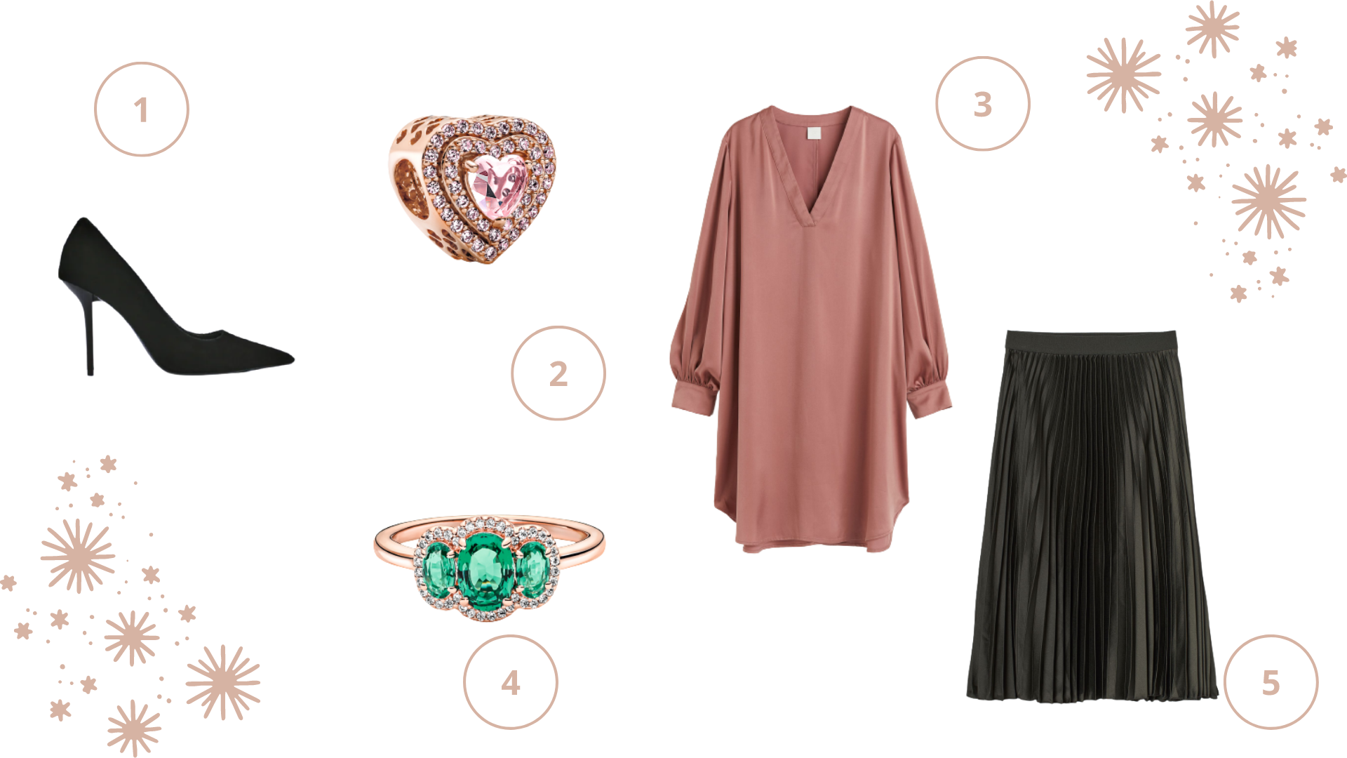 Zöld és rosegold ékszerek és ruhák